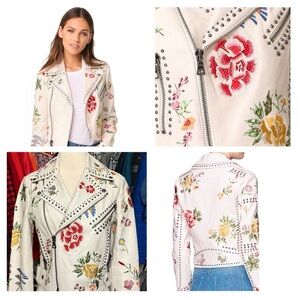 Alice + Olivia Cream Embroidered Lamb Leather Moto Jacket Size XS